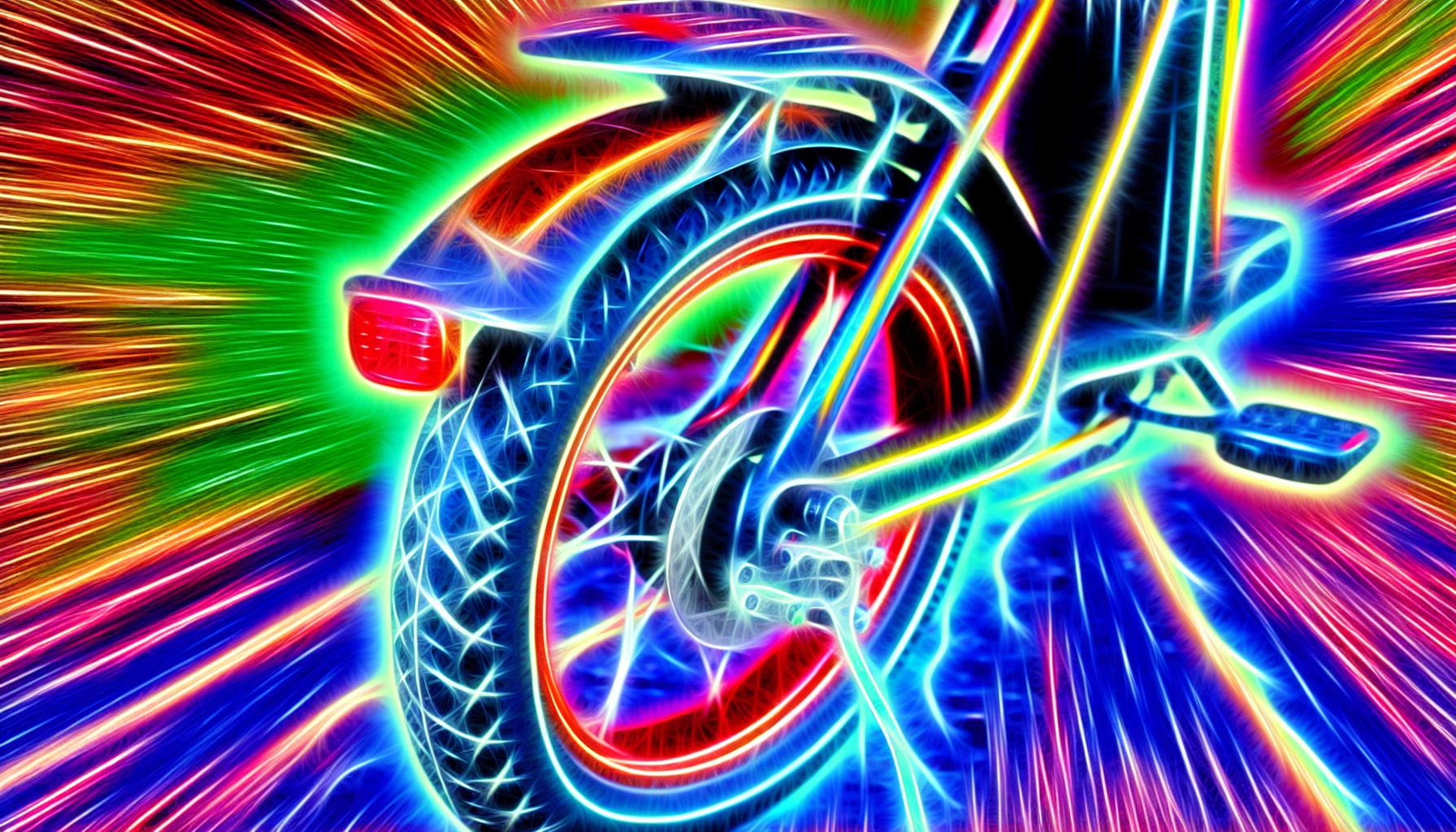 an abstract look into the rear wheel of an electric bike and electrical currents flowing out of the back wheel